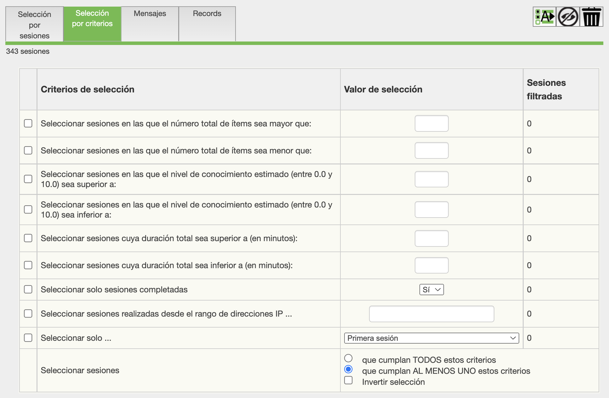 Selección de sesiones Selección de sesiones