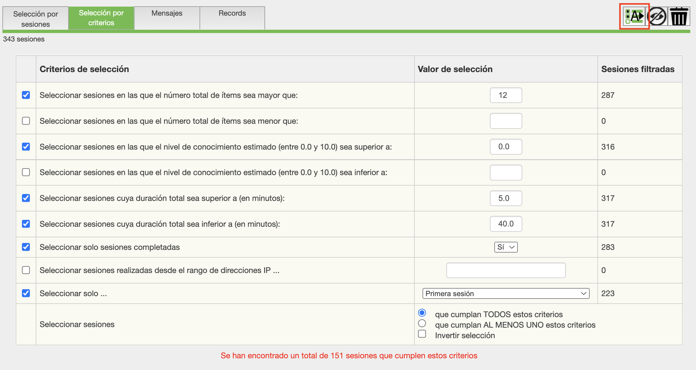 Selección de sesiones Selección de sesiones