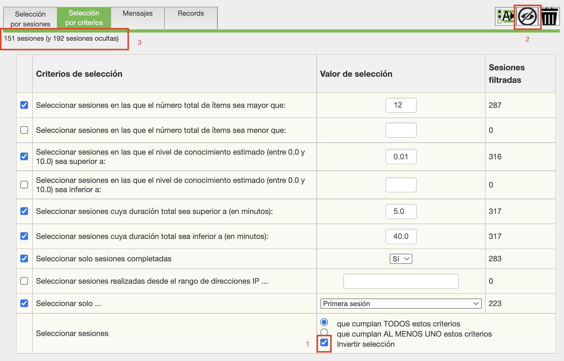 Filtrado de sesiones Filtrado de sesiones
